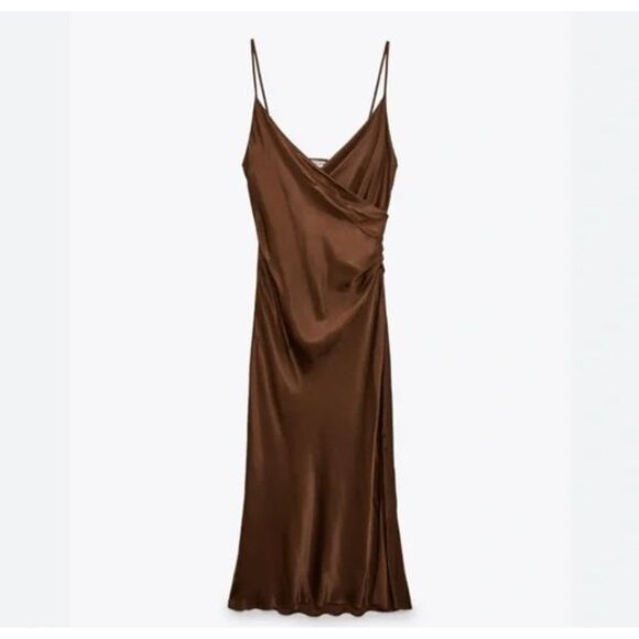 Zara Brown Surplice V-neck Satin Slip Midi Dress Side Slit Size Small - Picture 1 of 12